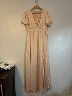 Champagne Deep V-Neck Maxi Dress with Smocked Waist